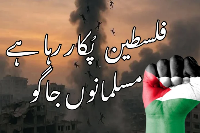 اسرائیل کی فلسطین پر ظلم و ستم کا ذکر کریں اور مسلمانوں کو بیدار ہونے کی ضرورت پر زور دیں۔